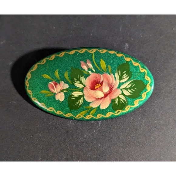Signed Unknown Artisan Jewelry - Vintage 1980s Russian Brooch Pin Hand Painted Floral Oval Lacquered Signed Green